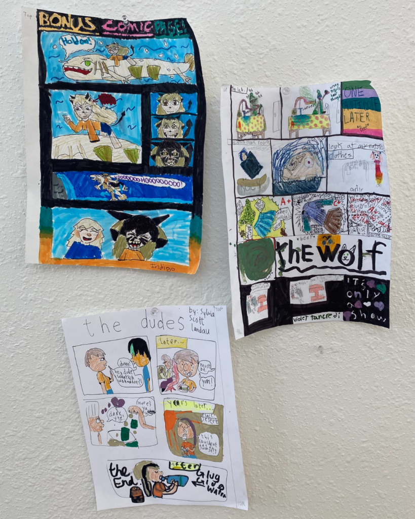 3 examples of comics made in camp with colorful doodles.