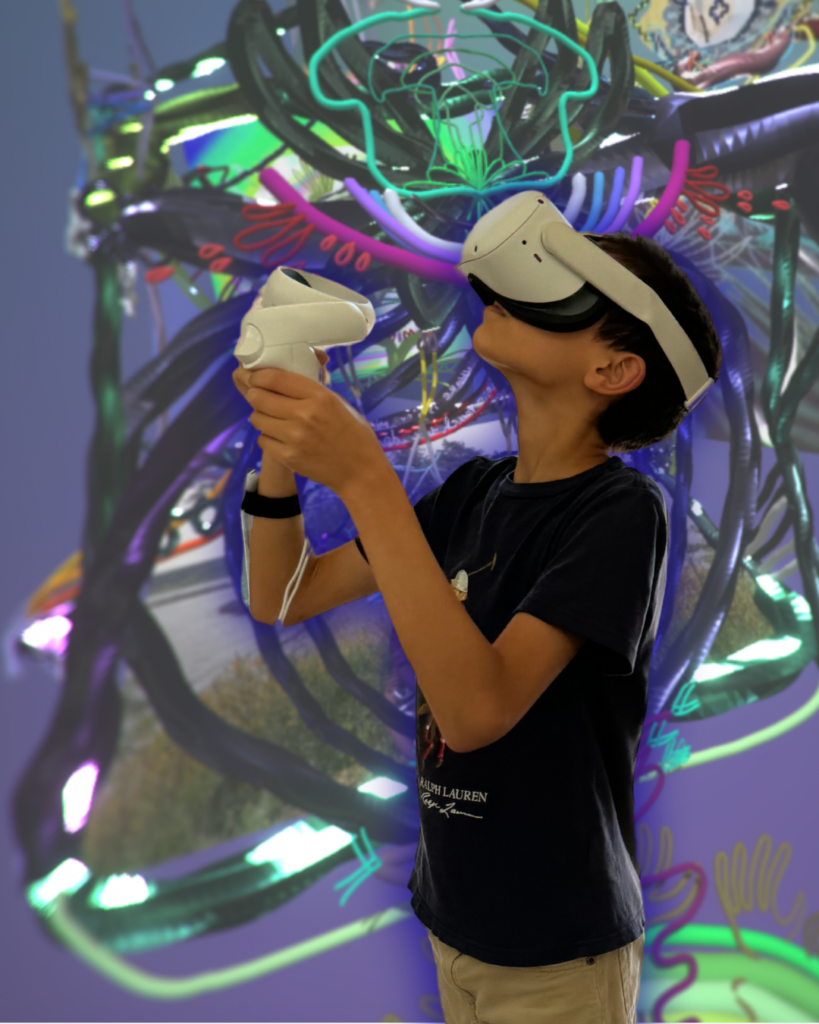 Camper using a virtual reality headset and controllers, immersed in a colorful digital environment with abstract, glowing designs.
